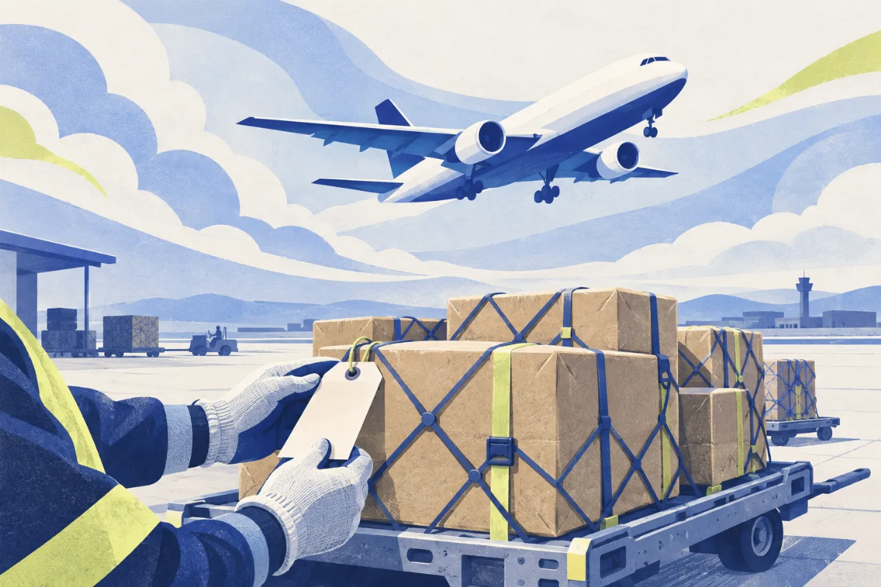 Editorial illustration of an aircraft above packed cargo while a handler checks a shipment tag