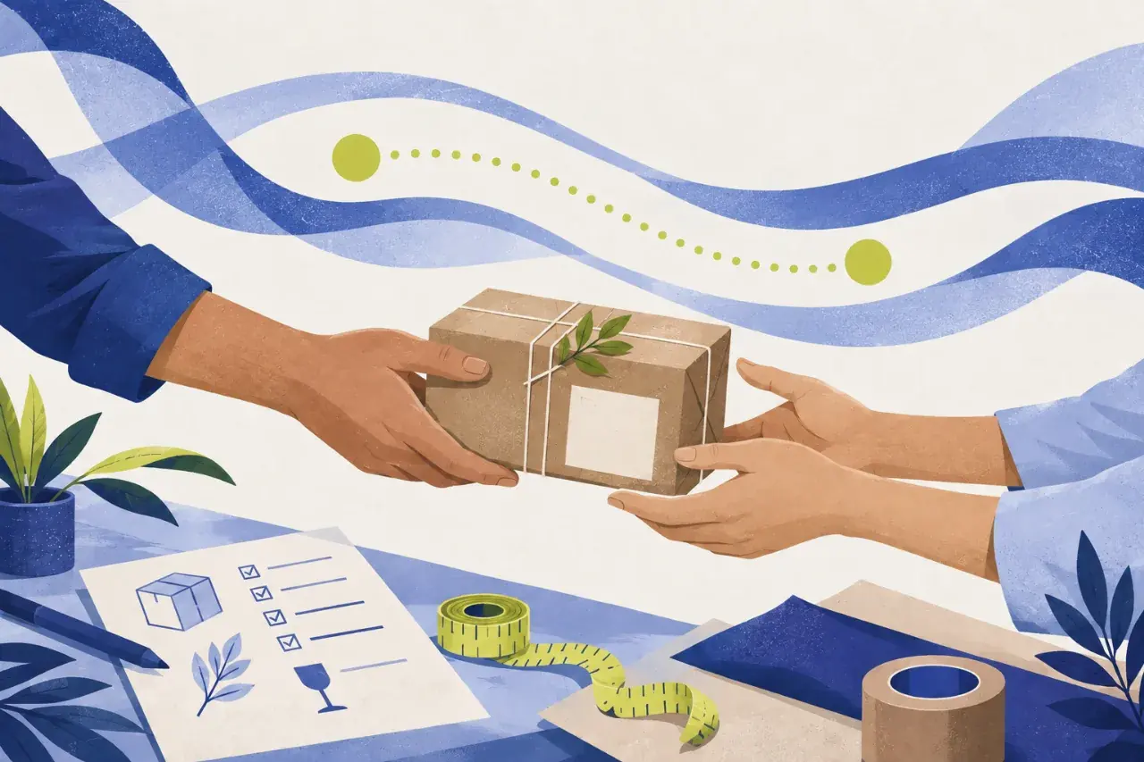 Editorial illustration of hands passing a carefully packed parcel, with a checklist and measuring tape