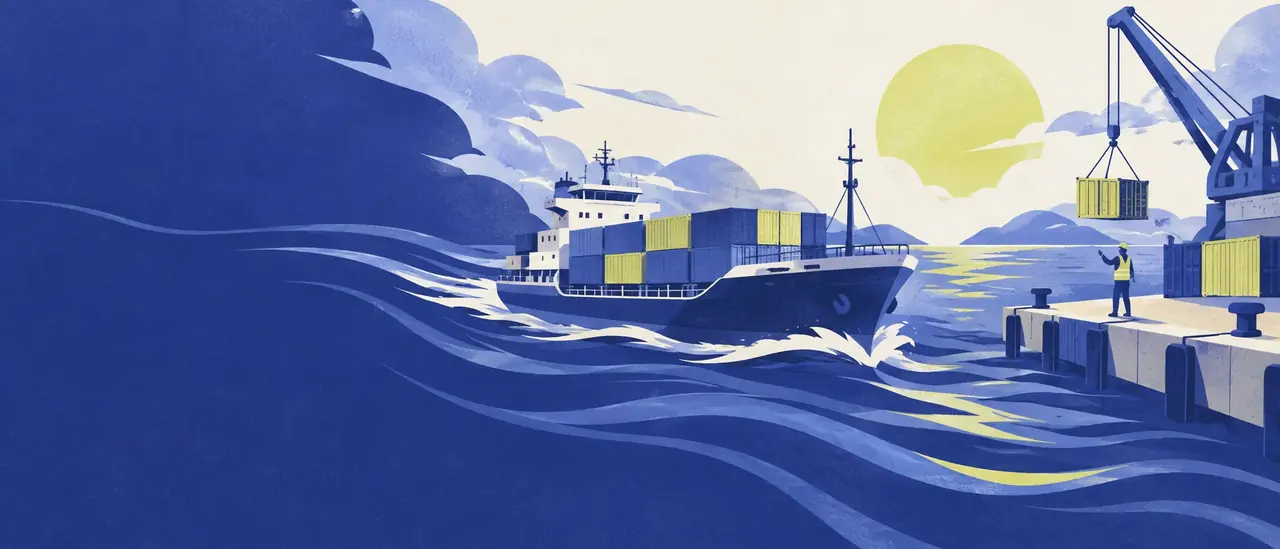 Editorial illustration of a cargo vessel approaching a quay through flowing indigo waves