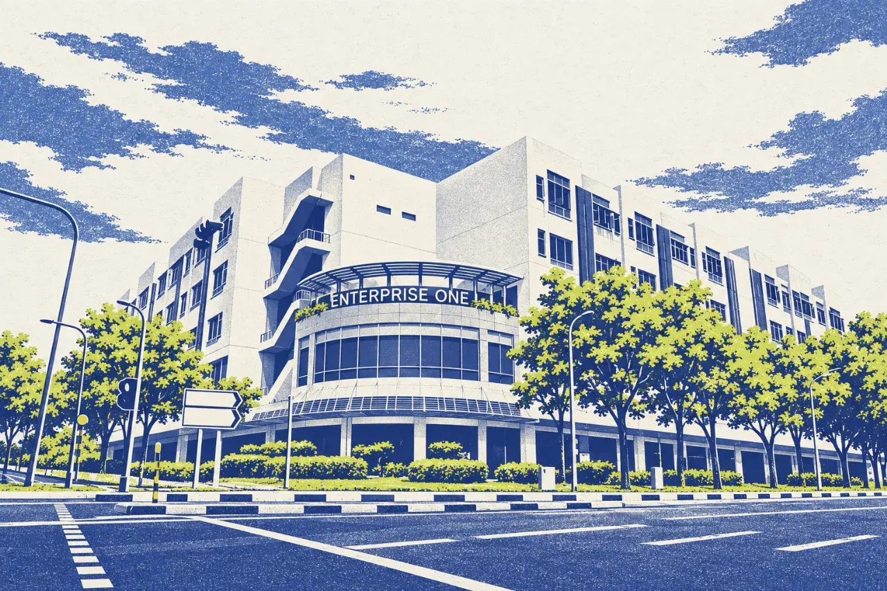 Cream, indigo and lime illustration of the actual Enterprise One building, showing its curved corner, canopy and building sign