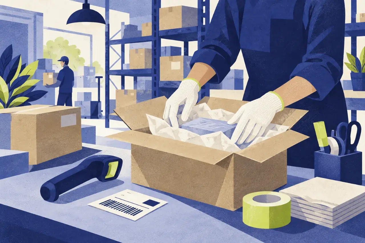 Editorial illustration of gloved hands packing goods at a workbench beside organised storage shelves