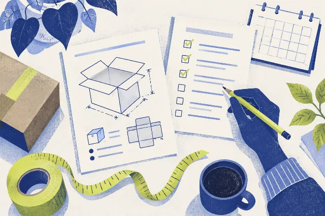 Editorial illustration of a shipment checklist, package diagram and measuring tape