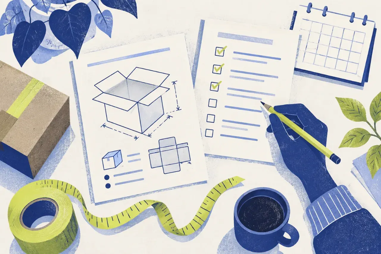 Editorial illustration of a shipment checklist, package diagram and measuring tape